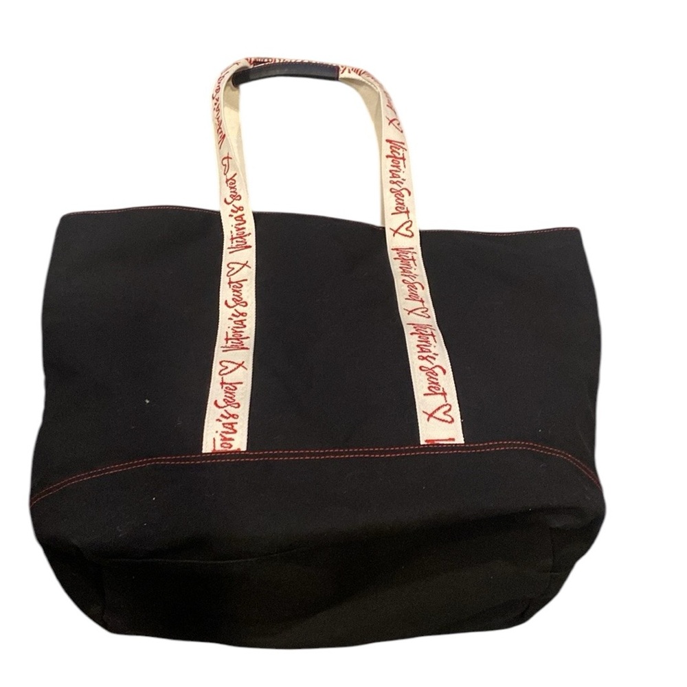 Victoria’s Secret black Canvas Tote Bag with signature red Logo Straps - Picture 2 of 8